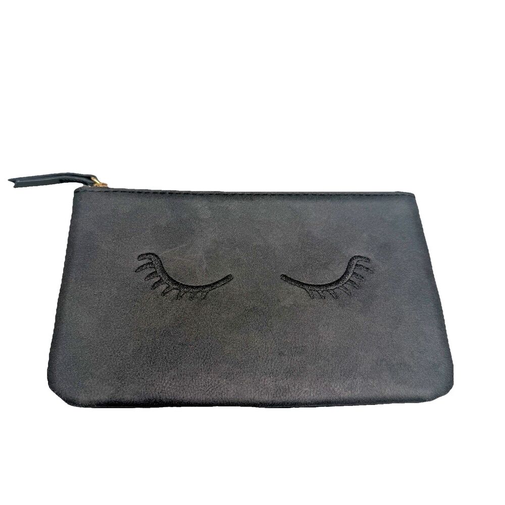 Stella & Dot Eyelash Zipper Pouch Black Faux Leather “Eye Am Strong” Satin Liner